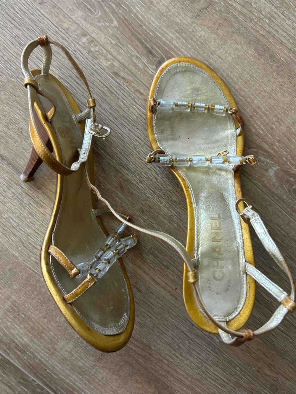 Chanel Metallic Strappy Heels Gold & Silver EU 38